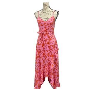 Chelsea28 Women's Pink Floral Faux Wrap Sleeveless Midi Dress Ruffle Hem - Small